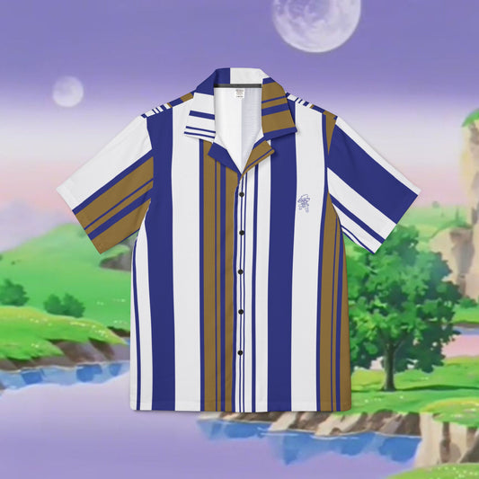 Striped button up shirt, blue, white gold colors, with saiyan armor inspired design